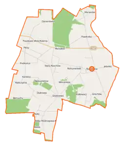 Mapa konturowa gminy Rzeczniów, w centrum znajduje się punkt z opisem „Wincentów”