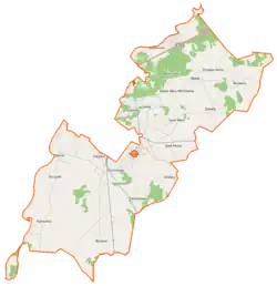 Mapa konturowa gminy Rzekuń, po lewej nieco na dole znajduje się punkt z opisem „Korczaki”