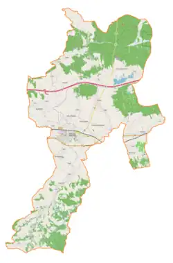 Mapa konturowa gminy Sędziszów Małopolski, blisko dolnej krawiędzi po lewej znajduje się punkt z opisem „Szkodna”