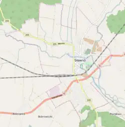 Mapa konturowa Sławna, w centrum znajduje się punkt z opisem „Parafia greckokatolicka Ofiarowania Najświętszej Maryi Panny”