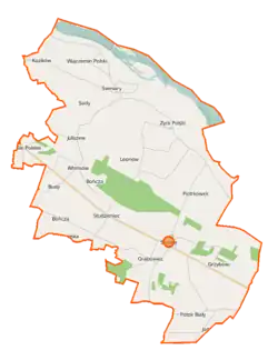 Mapa konturowa gminy Słubice, blisko centrum na prawo u góry znajduje się punkt z opisem „Zyck Polski”