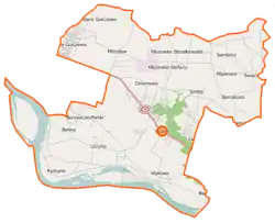 Mapa konturowa gminy Słupno, blisko centrum na prawo u góry znajduje się punkt z opisem „Miszewko-Stefany”