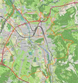 Mapa konturowa Salzburga, w centrum znajduje się punkt z opisem „Pomnik Mozarta w Salzburgu”