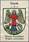 Św. Michał zabijający smoka w przedwojennym (i również powojennym) herbie Sanoka