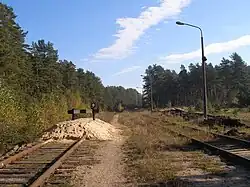 Linia w stronę Ērgļi z kozłem oporowym (L) i bocznica (P)