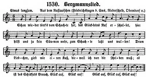 Rycina przedstawia zapis nutowy oraz tekst pierwszej zwrotki pieśni. W nagłówku widoczny wytłuszczony napis 1530 Bergmannslied