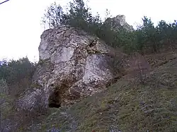 Otwór schroniska w Łączkach I u podstawy skały i II (pod jej szczytem)