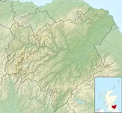 Mapa konturowa Scottish Borders, na dole nieco na lewo znajduje się punkt z opisem „źródło”, natomiast po prawej znajduje się punkt z opisem „ujście”