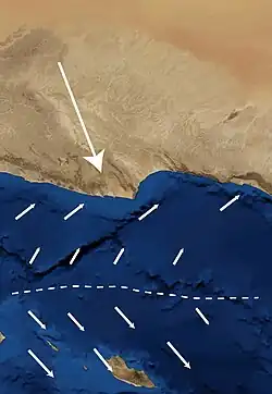 Około godziny 14 bryza jest skręcona w prawo siłą Coriolisa od kierunku morze – ląd