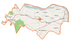 Mapa konturowa gminy Sieciechów, po prawej znajduje się punkt z opisem „Parafia Matki Bożej Nieustającej Pomocy w Zajezierzu”