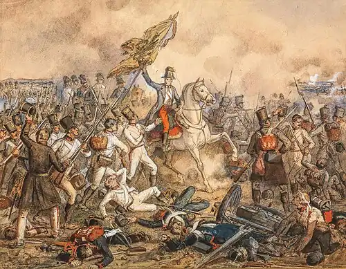 Erzherzog Karl führt das Regiment Zach in die Schlacht von Aspern (1858); akwarela na papierze, 32×40 cm; Dorotheum, Wiedeń