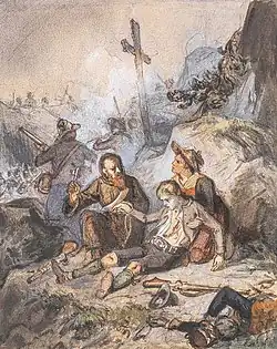 Pater Haspinger bei einem verwundeten jungen Tiroler (1859); akwarela na papierze, 16×13 cm; Dorotheum, Wiedeń