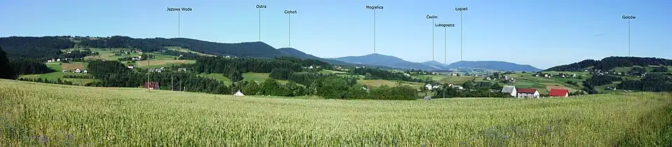 Widok ogólny miejscowości i panorama szczytów Beskidu Wyspowego