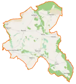 Mapa konturowa gminy Siemyśl, po prawej znajduje się punkt z opisem „Unieradz”