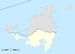 Mapa konturowa Sint Maarten, na dole nieco na lewo znajduje się punkt z opisem „Simpson Bay”