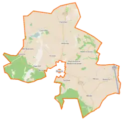 Mapa konturowa gminy wiejskiej Skórcz, na dole nieco na prawo znajduje się punkt z opisem „Pustkowie”