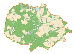 Mapa konturowa gminy Skąpe, blisko centrum na prawo znajduje się punkt z opisem „Radoszyn”