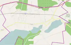 Mapa konturowa Skępego, po lewej znajduje się punkt z opisem „Parafia Zwiastowania Najświętszej Maryi Panny”