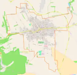 Mapa konturowa Skały, w centrum znajduje się punkt z opisem „Parafia Świętego Mikołaja”