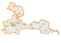 Mapa konturowa gminy Skarbimierz, po lewej znajduje się punkt z opisem „Skarbimierz-Osiedle”