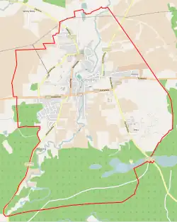 Mapa konturowa Skarszew, blisko centrum u góry znajduje się punkt z opisem „Muzeum w Skarszewach”