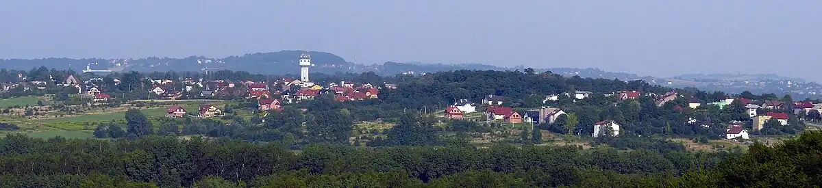 Południowa część Skotnik z charakterystyczną wieżą wodną widziana z rezerwatu przyrody Skołczanka. Drzewa na wzniesieniu na prawo od wieży kryją  Forty 52 ½ Skotniki N i S.