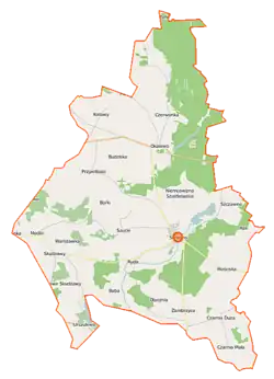 Mapa konturowa gminy Skrwilno, po lewej nieco na dole znajduje się punkt z opisem „Modlin”