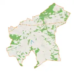 Mapa konturowa gminy Skrzyszów, blisko centrum u góry znajduje się punkt z opisem „Ładna”