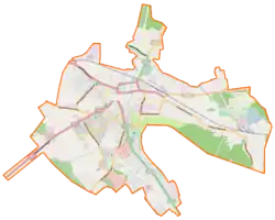 Mapa konturowa Słonima, w centrum znajduje się punkt z opisem „Synagoga w Słonimie”