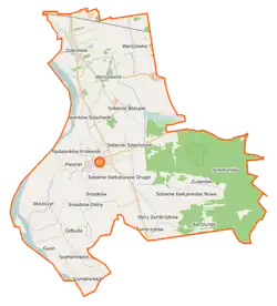 Mapa konturowa gminy Sobienie-Jeziory, na dole po lewej znajduje się punkt z opisem „Szymanowice Duże”