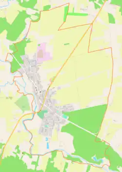Mapa konturowa Sochocina, blisko centrum na lewo znajduje się punkt z opisem „Parafia św. Jana Chrzciciela”