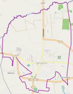 Mapa konturowa Sompolna, na dole po prawej znajduje się punkt z opisem „Getto w Sompolnie”
