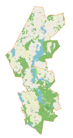 Mapa konturowa gminy Sorkwity, na dole nieco na prawo znajduje się punkt z opisem „Piłaki”
