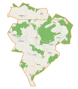 Mapa konturowa gminy Sosnówka, po lewej znajduje się punkt z opisem „Parafia św. Mikołaja w Rozwadówce”