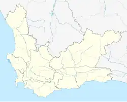 Mapa konturowa Prowincji Przylądkowej Zachodniej, na dole po lewej znajduje się punkt z opisem „Kapsztad”