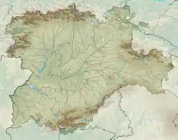 Mapa konturowa Kastylii i Leónu, na dole nieco na lewo znajduje się punkt z opisem „źródło”, natomiast w centrum znajduje się punkt z opisem „ujście”