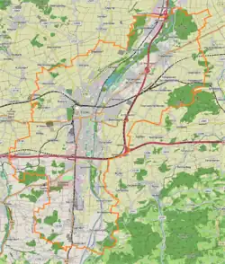 Mapa konturowa St. Pölten, blisko centrum na lewo znajduje się punkt z opisem „Synagoga w St. Pölten”
