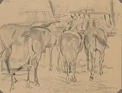 Konie przy obroku, studium rysunkowe, z lat ca 1890–1895, (Muzeum Narodowe w Warszawie)