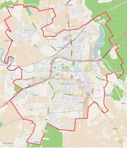 Mapa konturowa Starogardu Gdańskiego, w centrum znajduje się punkt z opisem „Baszta Tczewska”