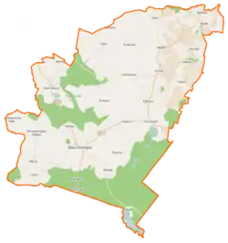 Mapa konturowa gminy Stary Dzierzgoń, po prawej nieco u góry znajduje się punkt z opisem „Tabory”