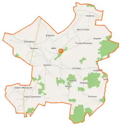 Mapa konturowa gminy Stary Lubotyń, po lewej nieco u góry znajduje się punkt z opisem „Stare Rogowo”