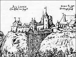 Fragment widoku Grodna - po lewej stronie Stary Zamek, po prawej gotycki Domus Regia z XV wieku na terenie obecnego Zamku Nowego