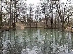 Większy ze stawów. Widok w kierunku zachodnim z mostka pomiędzy stawami