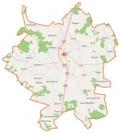 Mapa konturowa gminy Stawiski, blisko centrum na lewo znajduje się punkt z opisem „Budy Poryckie”