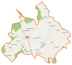 Mapa konturowa gminy Sterdyń, blisko centrum na lewo znajduje się punkt z opisem „Parafia pw. Świętej Anny w Sterdyni”