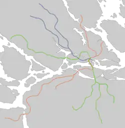 Mapa konturowa regionu Sztokholm, po prawej znajduje się punkt z opisem „Östermalmstorg”