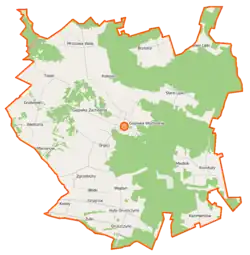 Mapa konturowa gminy Stoczek, na dole nieco na prawo znajduje się punkt z opisem „Turzyniec”