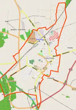 Mapa konturowa Sulechowa, blisko centrum na dole znajduje się punkt z opisem „Parafia pw. św. Stanisława Kostki w Sulechowie”