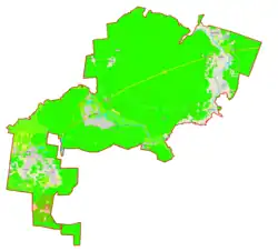 Mapa konturowa gminy Supraśl, po lewej nieco na dole znajduje się punkt z opisem „Karakule”