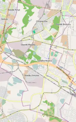 Mapa konturowa Świętochłowic, blisko centrum na dole znajduje się punkt z opisem „Huta Florian”